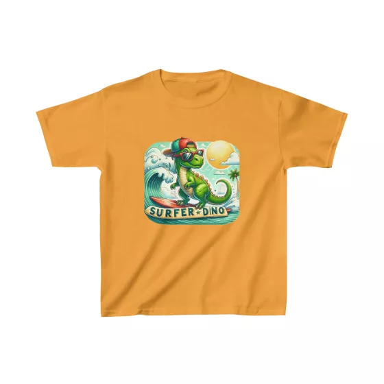 Cool Green Dino Riding Waves T-Shirt for Kids