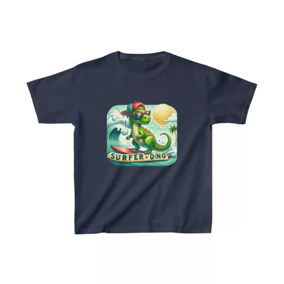 Cool Green Dino Riding Waves T-Shirt for Kids