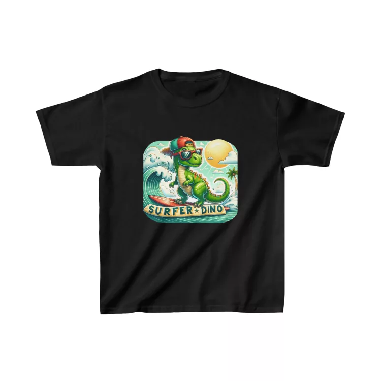 Cool Green Dino Riding Waves T-Shirt for Kids