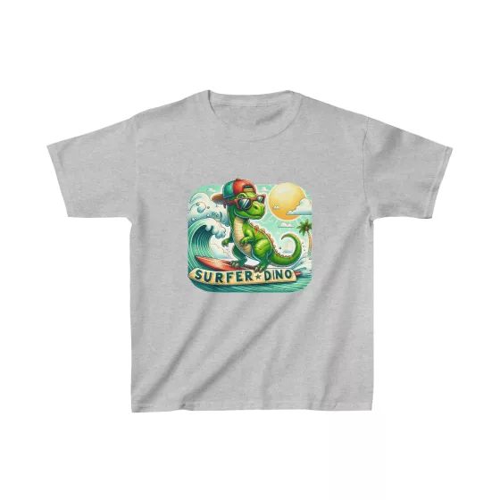 Cool Green Dino Riding Waves T-Shirt for Kids