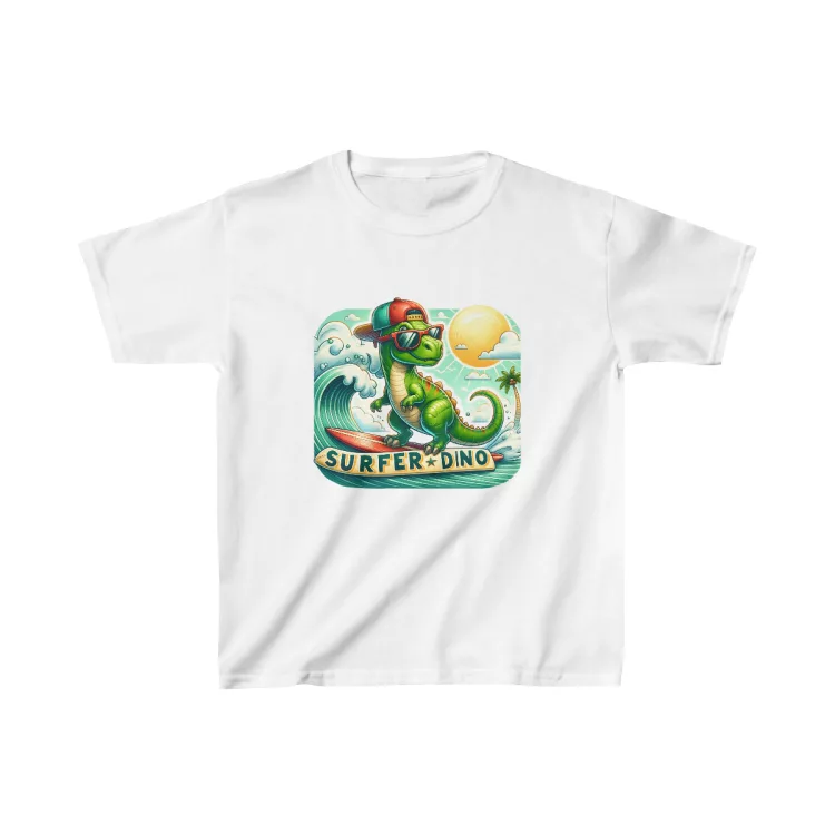 Cool Green Dino Riding Waves T-Shirt for Kids