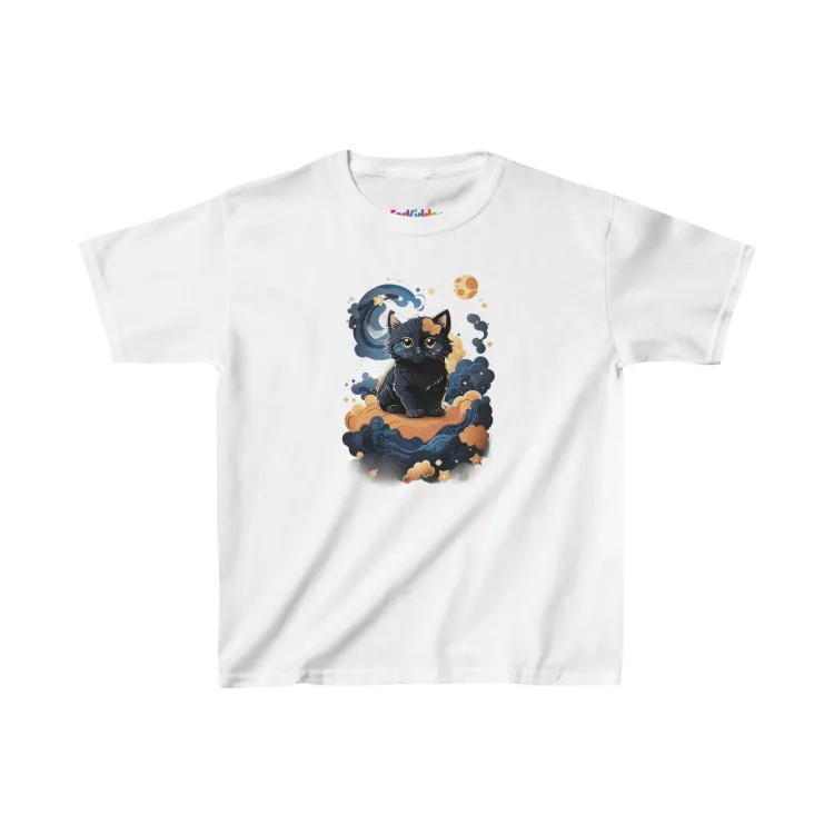 Cute Magical Cat Illustration Kid T-Shirt White