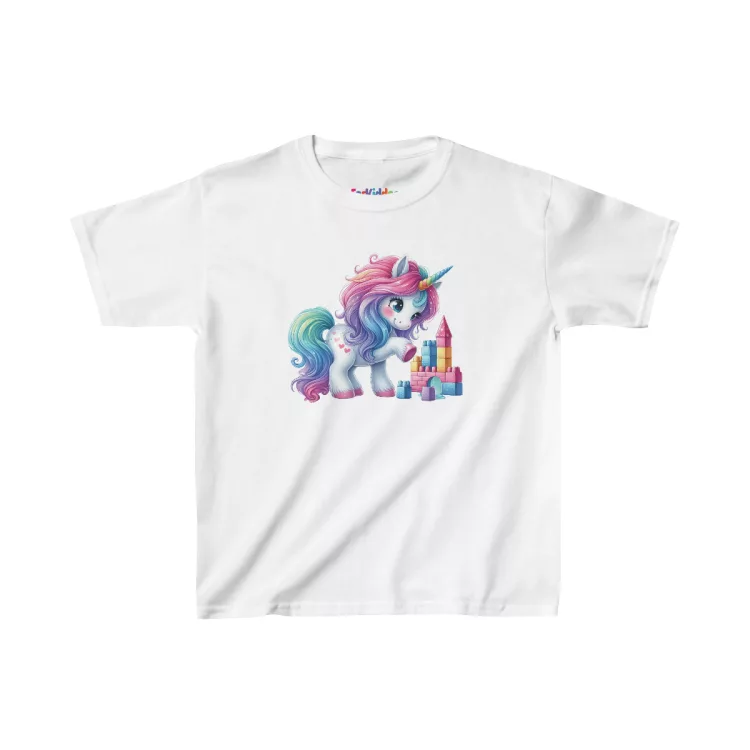 Girls Beautiful Unicorn Playing with Blocks Kids T-Shirt