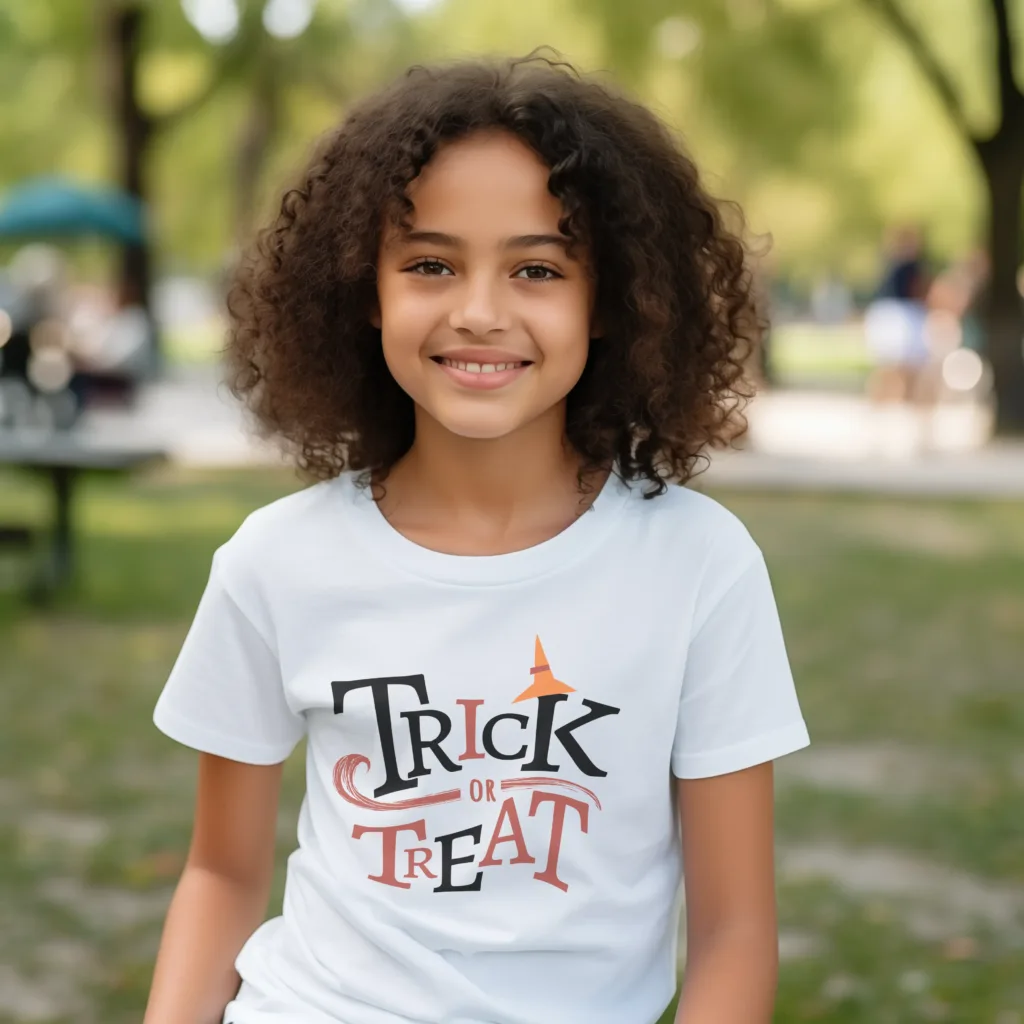 A girl wearing one of our Halloween T-Shirt from ForKiddos