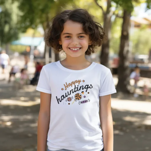 Girl wearing one of the forkiddos halloween t-shirt