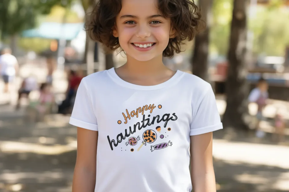 Girl wearing one of the forkiddos halloween t-shirt